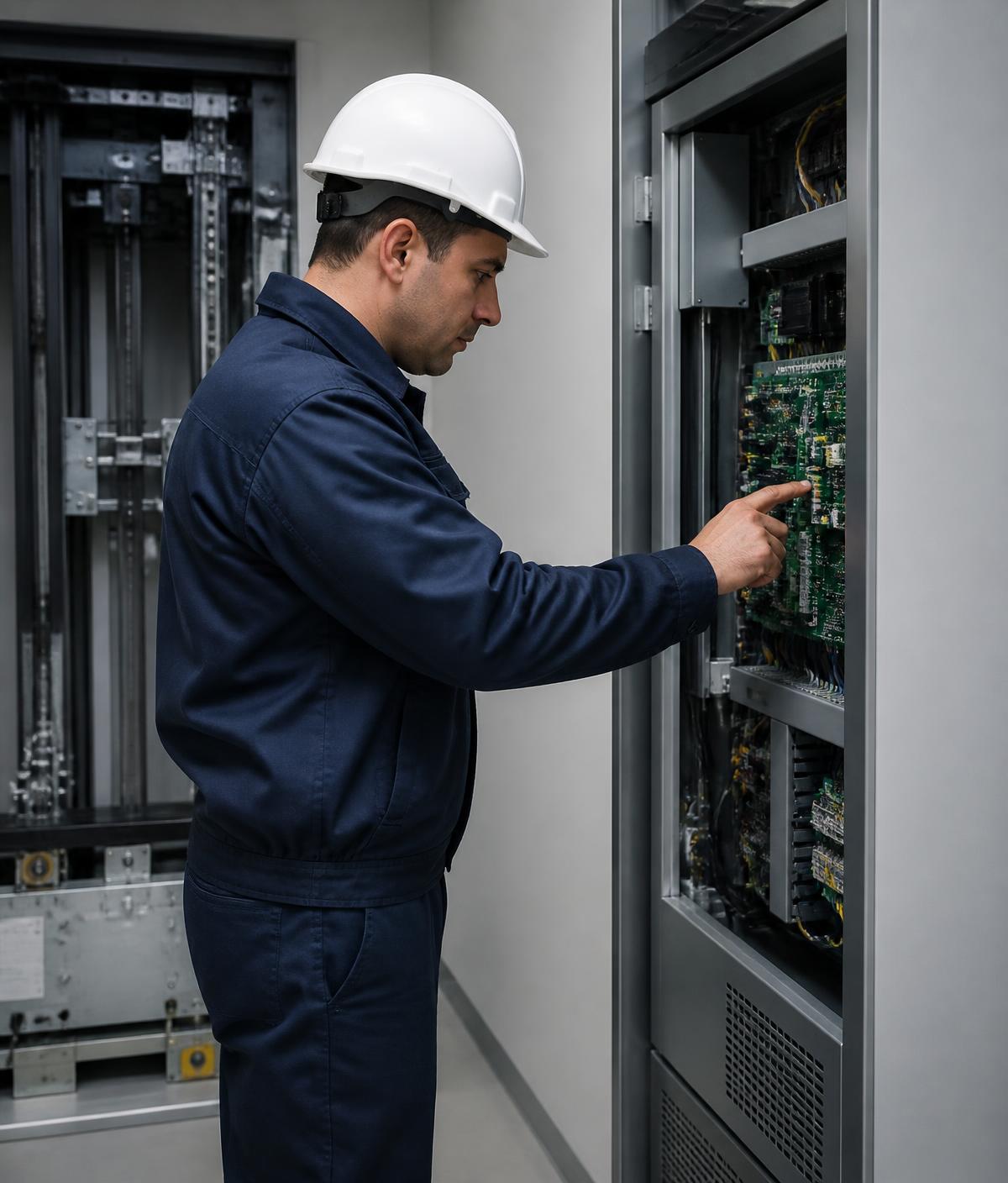 Rador Lifts technician inspecting a modern elevator control system