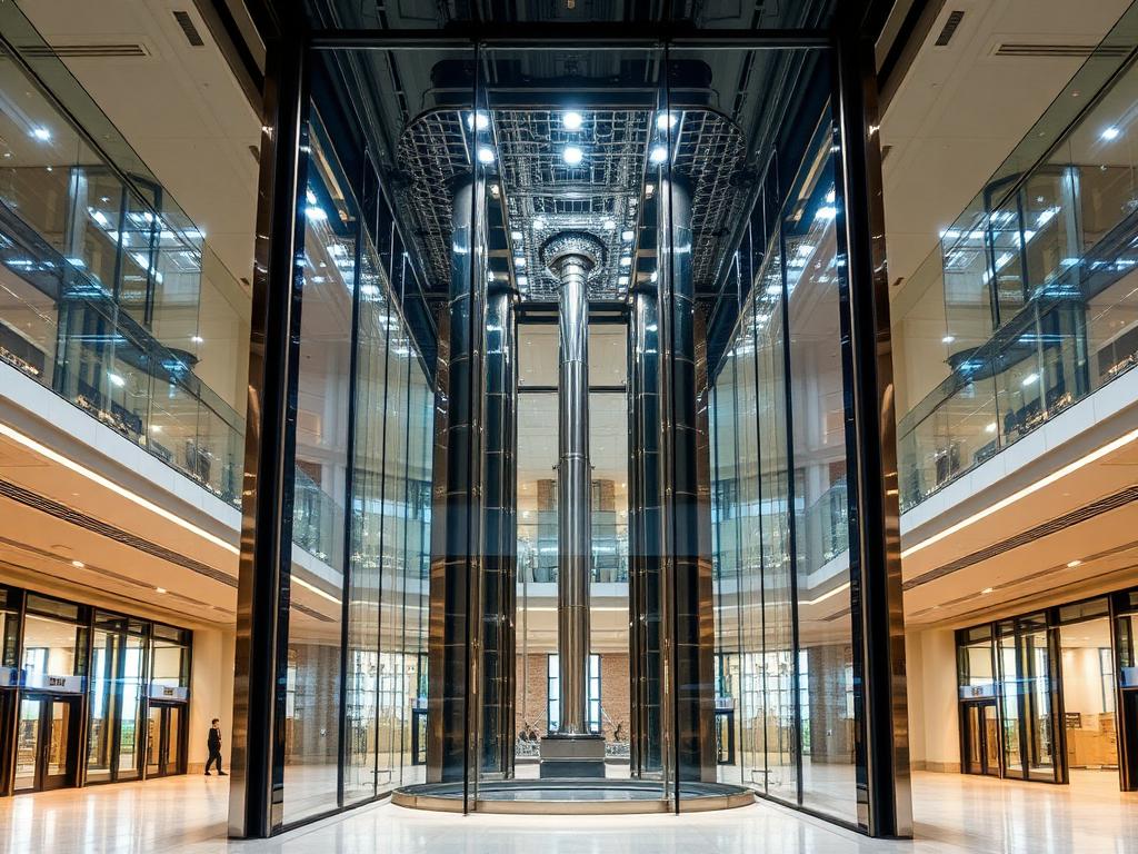 Modern hydraulic panoramic elevator in a building atrium