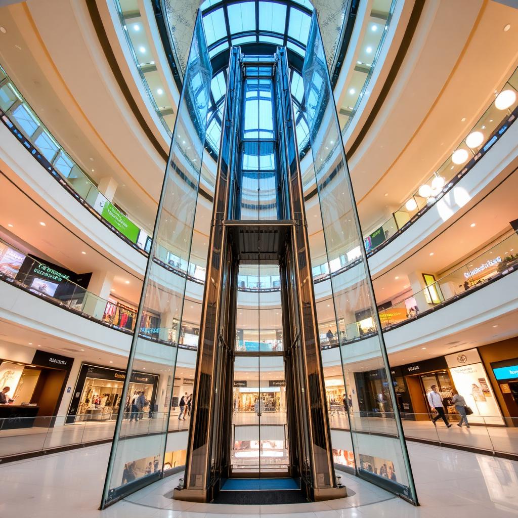 Panoramic glass elevator in a shopping mall atrium