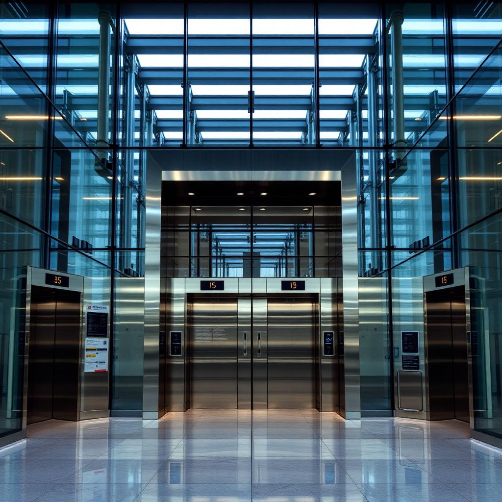 Elevator banks in a modern corporate building lobby