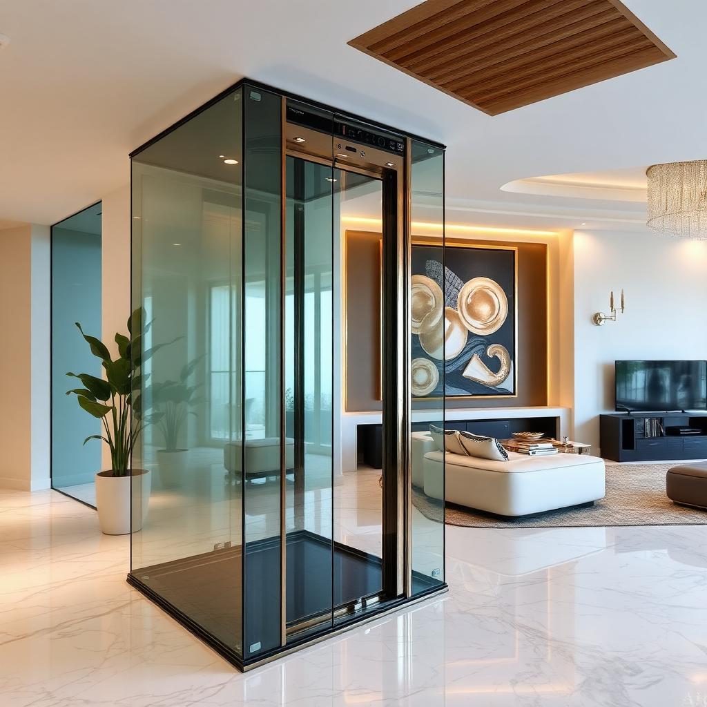 Glass home elevator inside a luxury villa